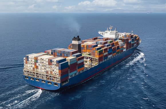 写真：コンテナを運ぶコンテナ船の画像